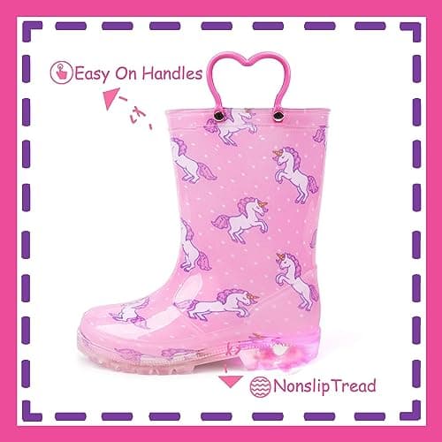 OUTEE Toddler Girls Rain Boots Little Kids Baby child Light Up Waterproof Rubber Shoes Unicorn Printed Mud Lightweight Adorable with Easy-On Handles Non Slip Sole Pink Size 8 — view 4