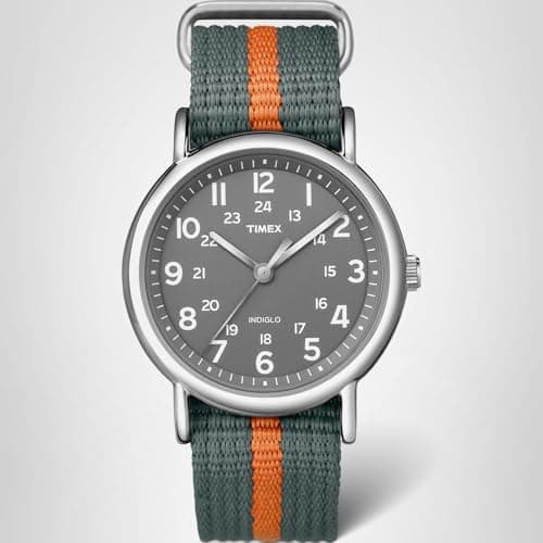 Timex Unisex Weekender 38mm Watch – Silver-Tone Case Gray Dial with Gray & Orange Fabric Slip-Thru Strap — view 5