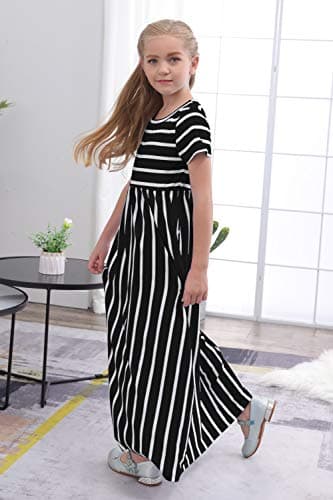 GORLYA Girl's Short Sleeve Floral Print Loose Casual Holiday Long Maxi Dress with Pockets 4-12 Years (11-12Years/Height:150cm, Black Stripe) — view 3