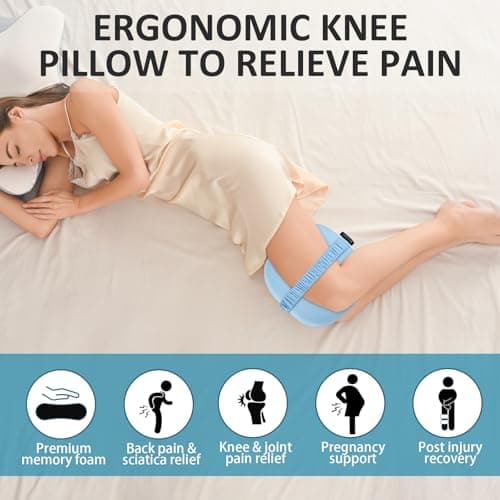 beslovo Side Sleeper Knee Pillow, Memory Foam Leg Pillow, Ergonomic Between Leg Pillow Eases Back Hip Pain, Spine Alignment Sciatica Relief, Knee Pillow with Ice Silk Cover and Elastic Strap (Blue)