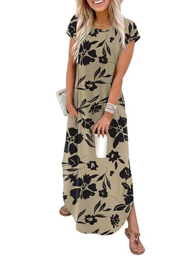 WIHOLL Cap Sleeve Crewneck Tshirts Maxi Dresses for Women 2026 Elegant Classy Floral Dress with Pockets Spring Dresses Work Teacher Outfits Vacation Resort Wear L