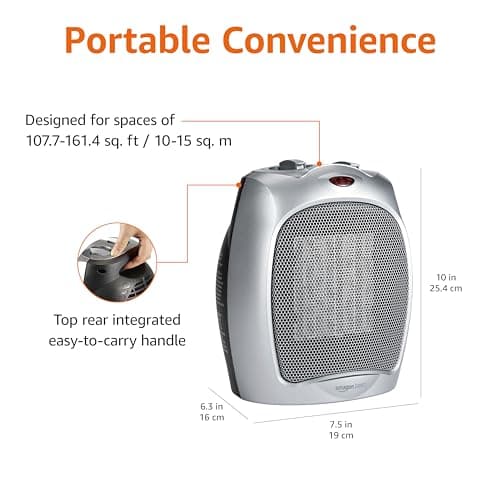 Amazon Basics Ceramic Space Heater, Portable Indoor Heating Solution, With Overheat and Tip-Over Protection, Thermostat, Non-Oscillating, 1500W, Fast Heating, 7.52"D x 6.34"W x 9.45"H, Silver — view 2