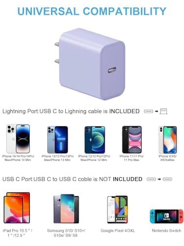 Extra Long 10FT iPhone 14 13 12 Charger Fast Charging 20W PD USB C Wall Charger with Fast Charging Cable Compatible iPhone 14/13/12/11/Pro/Pro Max/Mini/Xs Max/XR/X, iPad - Purple — view 4
