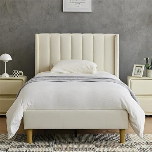YUHUASHI upholstered Platform Bed Frame/Twin Bed Frame/Modern Geometric Double-Wing Design headboard/Velvet Fabric/Easy to Assemble no Noise(Cream, Twin) — view 2