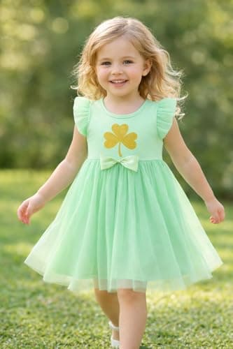 HILEELANG Toddler Girl Green Clover Dress Lucky Shamrock Tulle Outfit with Bow St Patrick’s Day Spring Party Clothes for Kids 4T