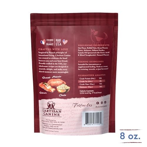 L'artisan Canine Barkerie Dog Treats | Healthy Crunchy Sweet Potato & Salmon Dog Biscuits | French Recipe Dog Snacks | Made in USA | 8oz Treat Pouch | Suitable for All Dogs