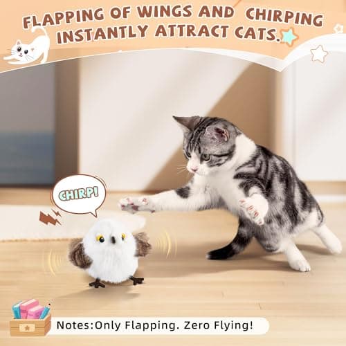 Flappy Bird Cat Toys - Chirping White Chickadee with Catnip Pouch, Rechargeable Cat Kicker, Jouet Pour Chat Interactif (Non-Flying)
