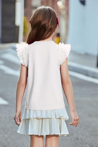 Arshiner White T Shirts for Kids Fashion Summer Tops Mesh Ruffle Flying Short Sleeve Casual Girls Tops Plain Tee 5-6 Years
