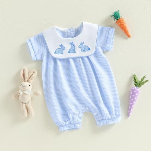 Baby Boy Easter Romper Clothes Short Sleeve Bunny Embroidery Jumpsuit Newborn Playsuit Outfits (Blue, 0-3 Months) — view 4