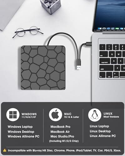 ROOFULL External CD DVD Drive for Laptop, USB 3.0 & USB-C Portable CD/DVD-RW Disc Drive Reader Burner Writer Player for Windows 11/10/8/7 Laptop Mac MacBook Linux PC, RF868 — view 4