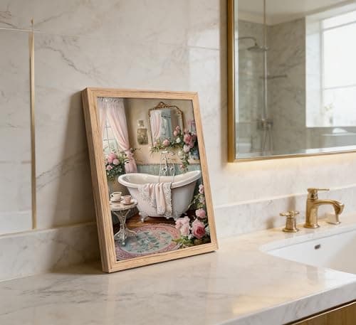 Pink Flowers Theme Bathroom Canvas Wall Art Vintage Bathtub Painting Picture Wall Decor Floral Botanical Poster Print Artwork for Toilet bedroom Restroom Home Decoration — view 5