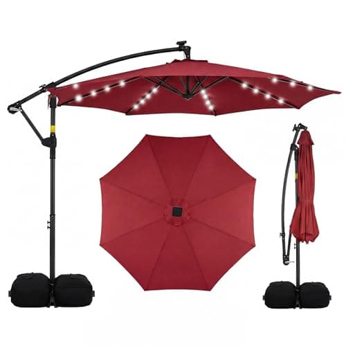 Tangkula 10ft Solar Patio Umbrella with Base Included, Offset Cantilever Outdoor Umbrella with 32 LED Lights, Infinite Tilt, 360 Degree Rotation, Crank Handle for Pool Deck Garden Backyard (Wine)