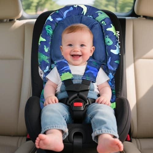 Baby Car Seat Head Support with Extra Headrest, 2-in-1 Babybody Supports with Shoulder Pads Set for Newborn, Adjustable Infant Car Seat Insert Compatible with Stroller, Baby Swing (Dinosaur)