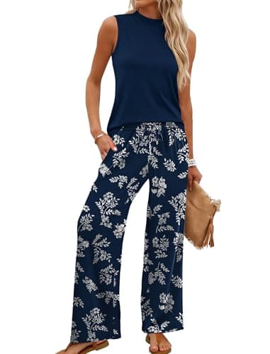 WIHOLL Two Piece Set for Women Summer Spring Outfits Cruise Travel Airport Beach Vacation Trendy Lounge Sets Mock Neck Matching Women Clothing Wide Leg Pants Set M