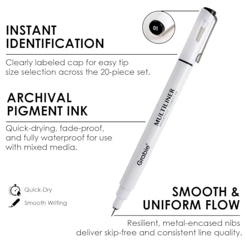Grabie Micro Fineliner Pens, 6 Black Fine Line Waterproof Drawing Pens, Assorted Point Sizes for Sketching, Illustration, Journaling, Art Supplies