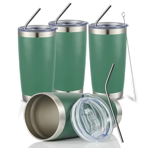 COMOOO 20oz Tumbler Bulk Double Wall Vacuum Insulated Travel Mug, Stainless Steel Tumbler with Lid and Straw Durable Powder Coated Insulated Coffee Cup for Cold & Hot Drinks (Dark Green, 4 pack）