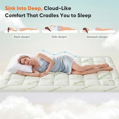 Sweetcrispy Ultra Soft Mattress Topper Queen Size - Viscose Made from Bamboo Pillow Top Mattress Pad for Breathable Cooling & Back Pain Relief, Deep Pocket Comfort Bed Topper, Green