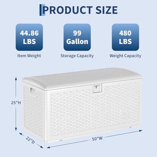 GarveeHome Outdoor Storage Box, 73 Gallon Deck Box, Waterproof Resin Patio Storage Box with Seat & Lockable Lid, Weather Resistant Organizer for Cushions, Tools, Pool Toys, White — view 4