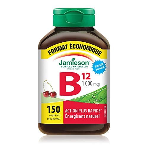 Jamieson Vitamin B12 Methylcobalamin 1,000 mcg, Fast Dissolving, Faster Acting, Naturally Energizing, and Supports Metabolism. Vegetarian, Gluten-Free, Natural Wild Cherry Flavour, 150 Sublingual Tablets, Proudly Canadian