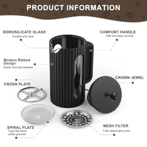 wedrink French Press Coffee Maker 34OZ, Heat Resistant Borosilicate Glass Carafe/Tea Maker Coffee Press Frother Brewer (1000ml) — view 3
