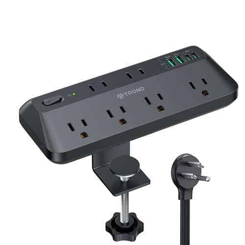 TROND Desk Clamp Power Bar Surge Protector with PD 20W USB C, 6 Outlets Desktop Charging Station, 6ft Flat Plug Extension Cord Indoor, Fit 1.97" Tabletop Edge, ETL Listed, Home Office Supplies, Black