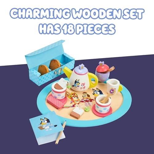 8th Wonder Bluey Toys Wooden Tea Party Set, 18-Piece Durable Toy Tea Set with Tray, Teapot, Teaspoons, and More, Pretend Play for Toddlers of Ages 3+ — view 2