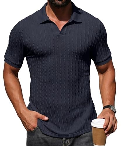 Askdeer Men's Polo Shirts Casual Short Sleeve Stretchy Ribbed Textured Old Money Vacation Beach Golf T Shirts Navy Blue Large — view 2