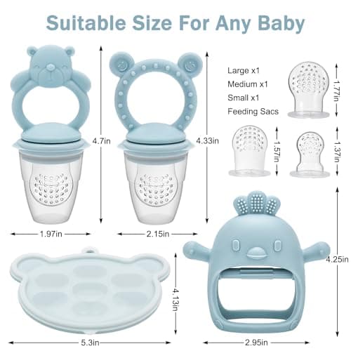4 Pack Silicone Teething Mitten for Babies with Baby Fruit Food Feeder & Freezer Tray Set, BPA Free Infant Teething Relief Toy for 3 Month+, Additional Silicone Sacs — view 4