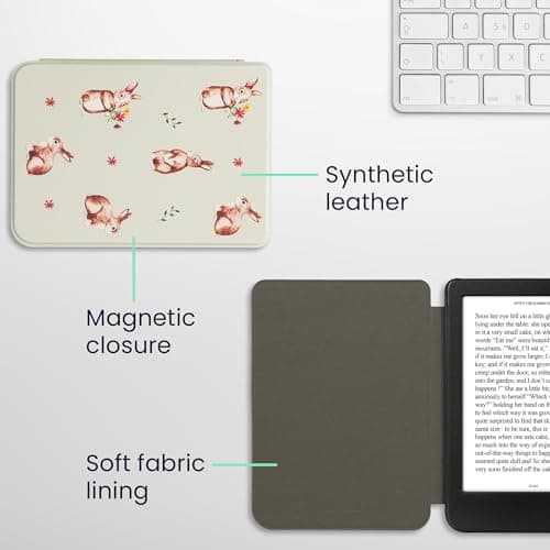 kwmobile Case Compatible with Kobo Clara BW/Colour Case - eReader Cover - Rabbits and Flowers White/Brown/Gray Green — view 4