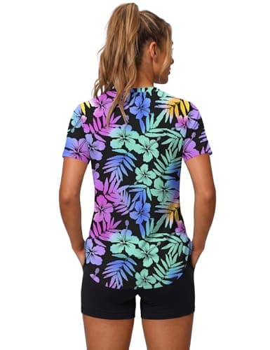 LOMON Cooling Workout Shirts for Women Short Sleeve Athletic Tops Quick Dry Moisture Wicking UV Sun Protection Hiking Gym Tee Floral Print 1, Large — view 5