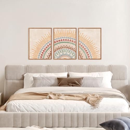 HPINUB Boho Sun Framed Canvas Wall Art Set, (Set of 3,12X16 Inch) Mid-Century Modern Wall Decor, Minimalism Bohemian Wall Painting, Abstract Geometric Pattern Art Print for Living Room,Bedroom,Office — view 2