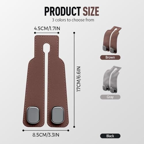 Purse Hook for Car - Universal, Twinhook Leather Car Headrest Hangers, Car Seat Back Storage Hook for Purses, Handbags, Bags, Seat Back Organizers for Travel (Brown-2pcs) — view 5