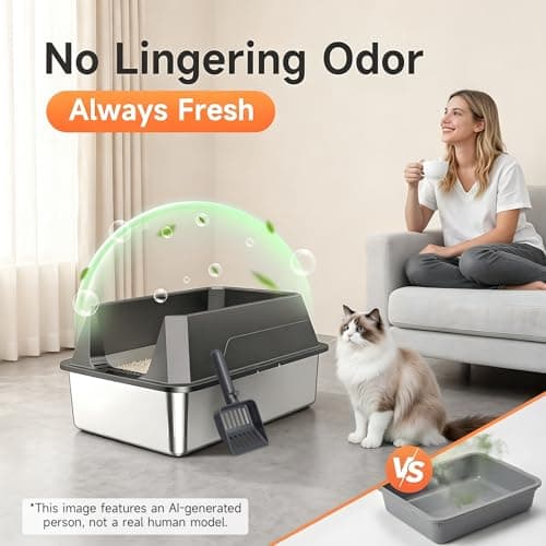 TEVILA Stainless Steel Litter Box with High Sides, XL High Sided Cat Litter Pan, Open Top Extra Large Metal Cat Litter Box, Non-Stick, Odor Free, Leakproof, Scoop Included, Gray — view 4