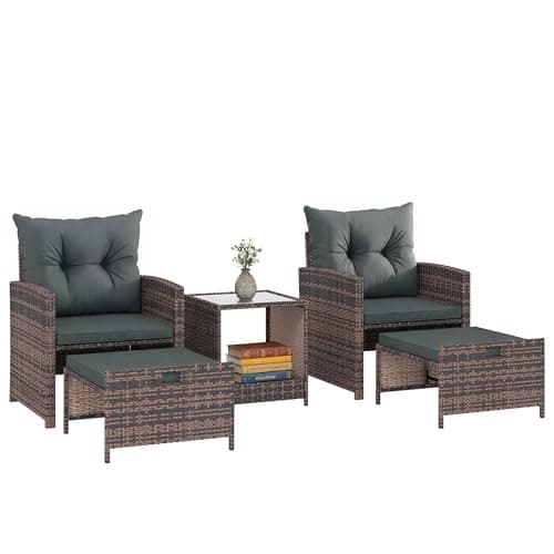 Outsunny 5 Piece Patio Furniture Set, Wicker Patio Chairs with Ottomans, 2-Tier Glass Coffee Table, Cushions, Outdoor Furniture Conversation Set for Balcony, Brown/Dark Grey
