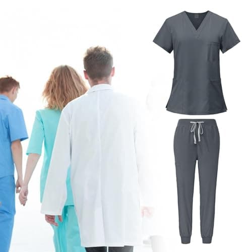 YIJU Female Scrub Set Nurse Workwear V Neckline Professional Machine Washable Top and Joggers Pant Work Clothing for Beauty Center, Gray, M — view 3