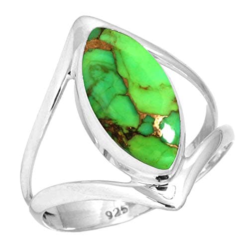 JEWELOPORIUM Copper Green Turquoise Silver Ring Size 9, 925 Sterling Silver Ring for Women, Marquise Gemstone Boho Jewelry