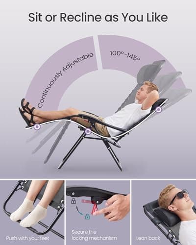 SONGMICS Zero Gravity Chairs, Folding Sun Loungers with Tray, Adjustable Headrest, for Patio, Garden, Max. Load 110 kg, Black UGLB030BZ02 — view 3