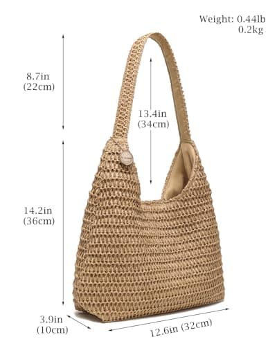SUANNI khaki Straw Beach Bag for women, Woven Tote Hobo Bags, Lightweight Casual Boho Summer Tan Shoulder Handbag, Packable Mesh Everyday Purse for Holiday Shopping Travel — view 4