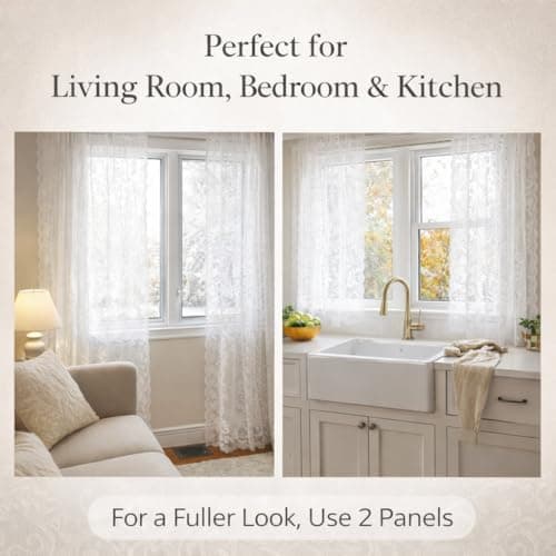 Pinelinq Vintage Lace Curtain 52 x 63 Inch White – 1 Panel Sheer Botanical Floral Window Panel with Rod Pocket – Light Filtering Farmhouse Curtain — view 3