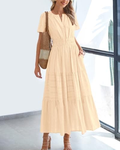 BTFBM Womens Summer 2026 Casual Midi Maxi Dresses Lightweight Short Sleeve V Neck Elastic Waist Boho Beach Dress Pockets(Apricot, Small)