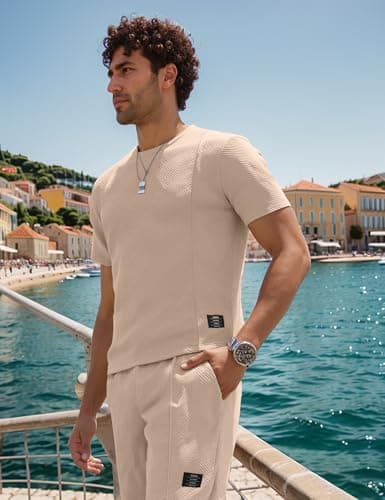 UOUA Mens Short Sets 2 Piece Summer Outfits Casual Short Sleeve Crew-Neck Shirts & Shorts Track Suit Jogging Loungewear, Khaki M — view 3