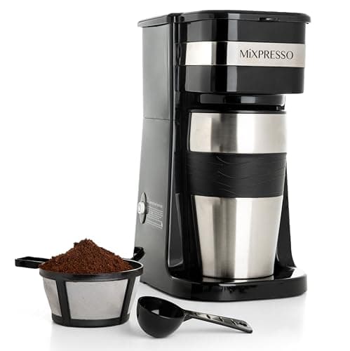 Mixpresso Black Personal Single Serve Coffee Maker with 14oz Travel Mug, Drip Small Coffee Maker with Auto Shut Off, Reusable Filter, Works with Ground Coffee Only – Not for K-Cup Pods