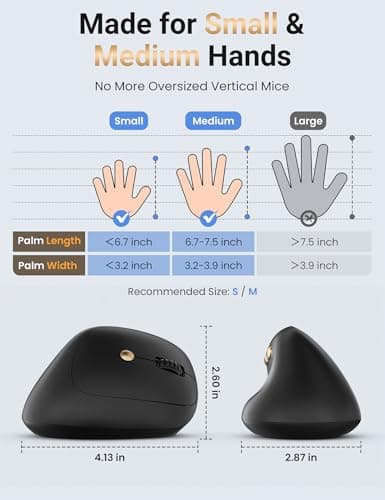 Ergonomic Vertical Wireless Mouse, 57° Natural Handshake for Wrist Pain Relief, Rechargeable 2.4G USB Computer Mouse, Quiet Click, 800/1200/1600 DPI, for Laptop PC Mac, Small/Medium Hands (Black) — view 3