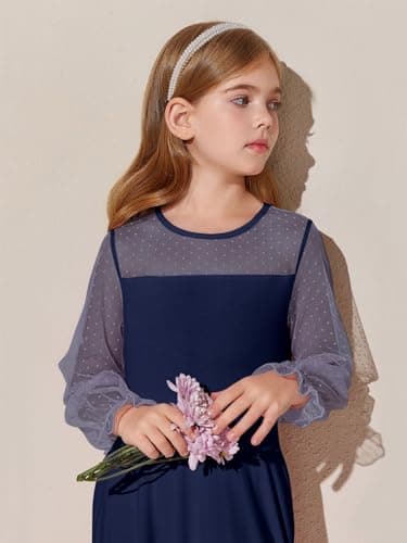 Haloumoning Girls Contrast Mesh Long Sleeve High Waist A Line Short Dress with Pockets, Navy Blue, 7-8 Years — view 4