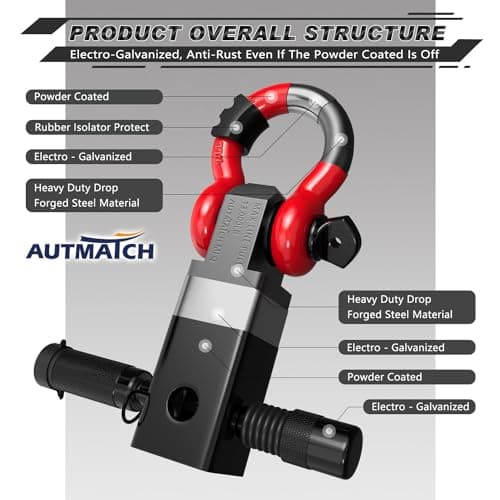AUTMATCH Shackle Hitch Receiver 2 Inch - 3/4" D Ring Shackle and 5/8" Trailer Hitch Lock Pin, 45,000 Lbs Break Strength Heavy Duty Receiver Towing Kit for Off-Road Vehicle Recovery, Black & Red — view 3