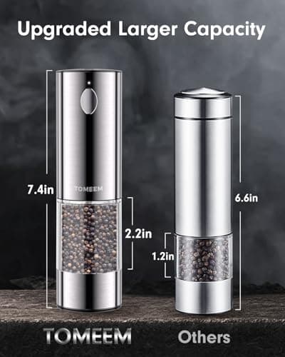 TOMEEM Upgraded Larger Capacity Electric Salt and Pepper Grinder Set Rechargeable with LED lights, Stainless Steel Automatic Pepper and Salt Grinder Refillable with 5 Adjustable Coarseness — view 5