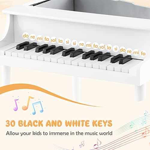 Goplus 30-Key Classical Kids Piano, Mini Grand Piano Wooden Learn-to-Play Musical Instrument Toy with Bench, Piano Lid, Music Rack, Gift for Boys Girls Aged 2+ Baby Toddler(4 Straight Leg-White) — view 2