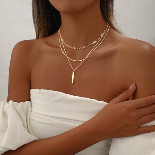 Remmocy Gold Necklace for Women Stackable 14K Gold Plated Layered Long Necklace Paperclip Flat Chain Bar Drop Cute Charm Accessories Non Tarnish Jewelry Set Gifts for Women — view 2