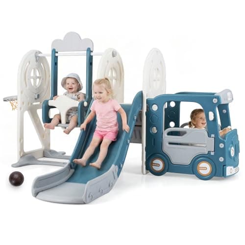 OLAKIDS Toddler Slide and Swing Set, 5 in 1 Bus Themed Baby Slide with Climber Basketball Hoop Car Playhouse for Indoor Outdoor Boys Girls Aged 3+ (Blue)
