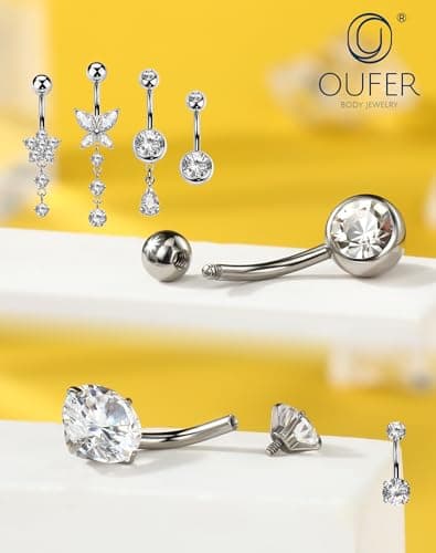 OUFER 5PCS Silver Belly Button Rings Dangle– 14G Surgical Steel Belly Button Piercing, Hypoallergenic Belly Rings with CZ Butterfly Flower Teardrop Barbell for Beach Festival Gym — view 4
